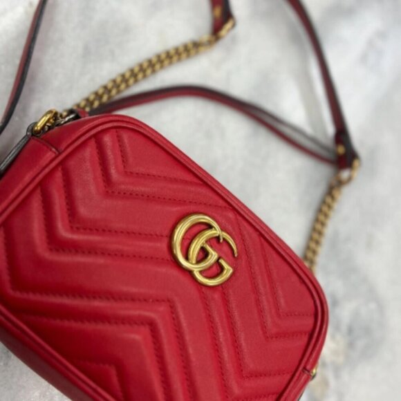 Gucci GG Marmont Tan Interior Matelasse Shoulder Bag Mini Red Leather - Picture 3 of 9
